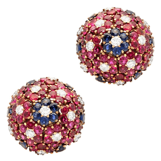 Post-1980s 14KT Yellow Gold Ruby, Diamond & Sapphire Earrings front