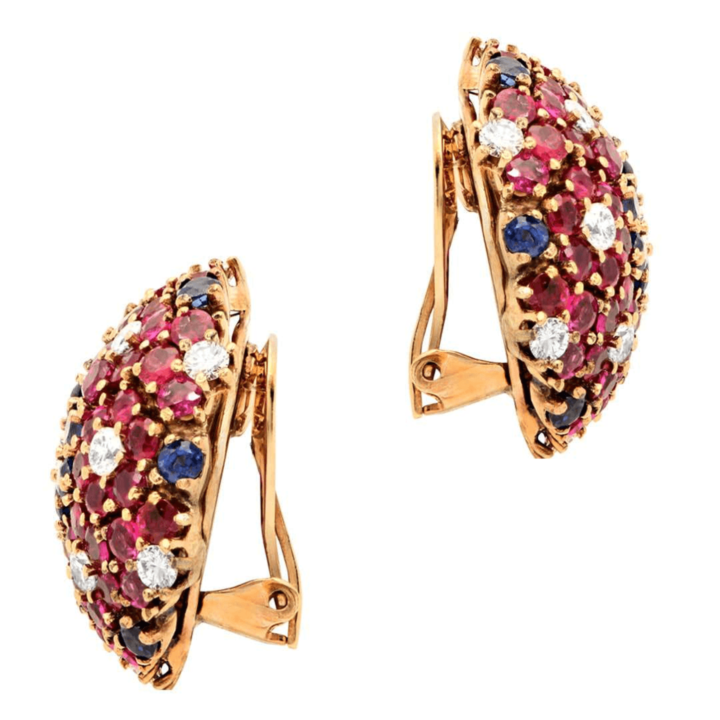 Post-1980s 14KT Yellow Gold Ruby, Diamond & Sapphire Earrings side