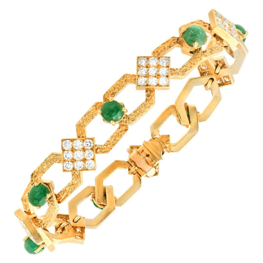 Gérard 1980s 18KT Yellow Gold Emerald & Diamond Necklace as bracelet