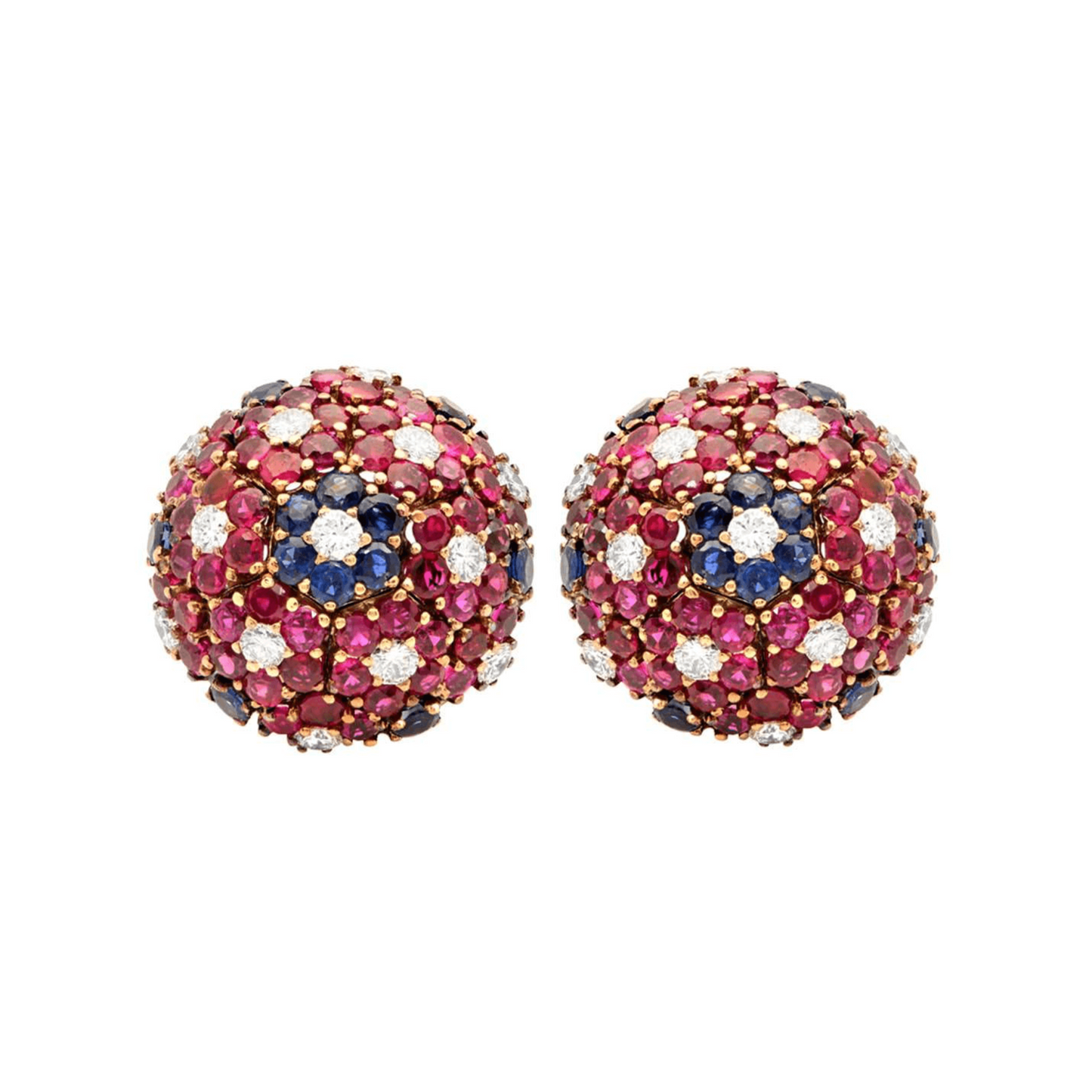 Post-1980s 14KT Yellow Gold Ruby, Diamond & Sapphire Earrings front