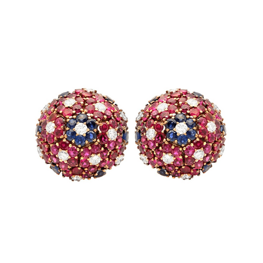 Post-1980s 14KT Yellow Gold Ruby, Diamond & Sapphire Earrings front