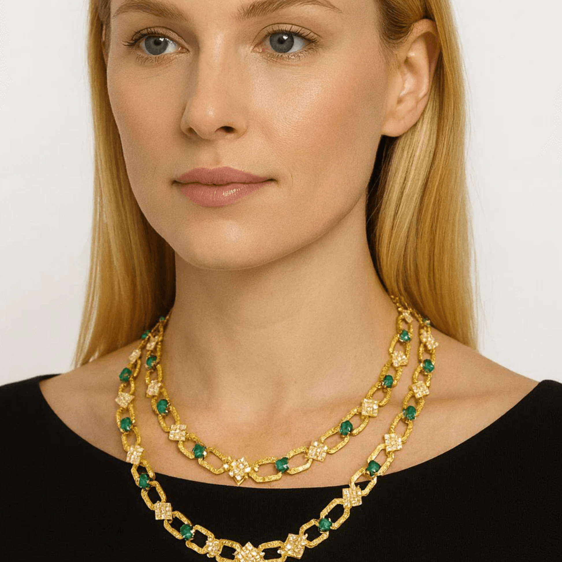 Gérard 1980s 18KT Yellow Gold Emerald & Diamond Necklace on neck