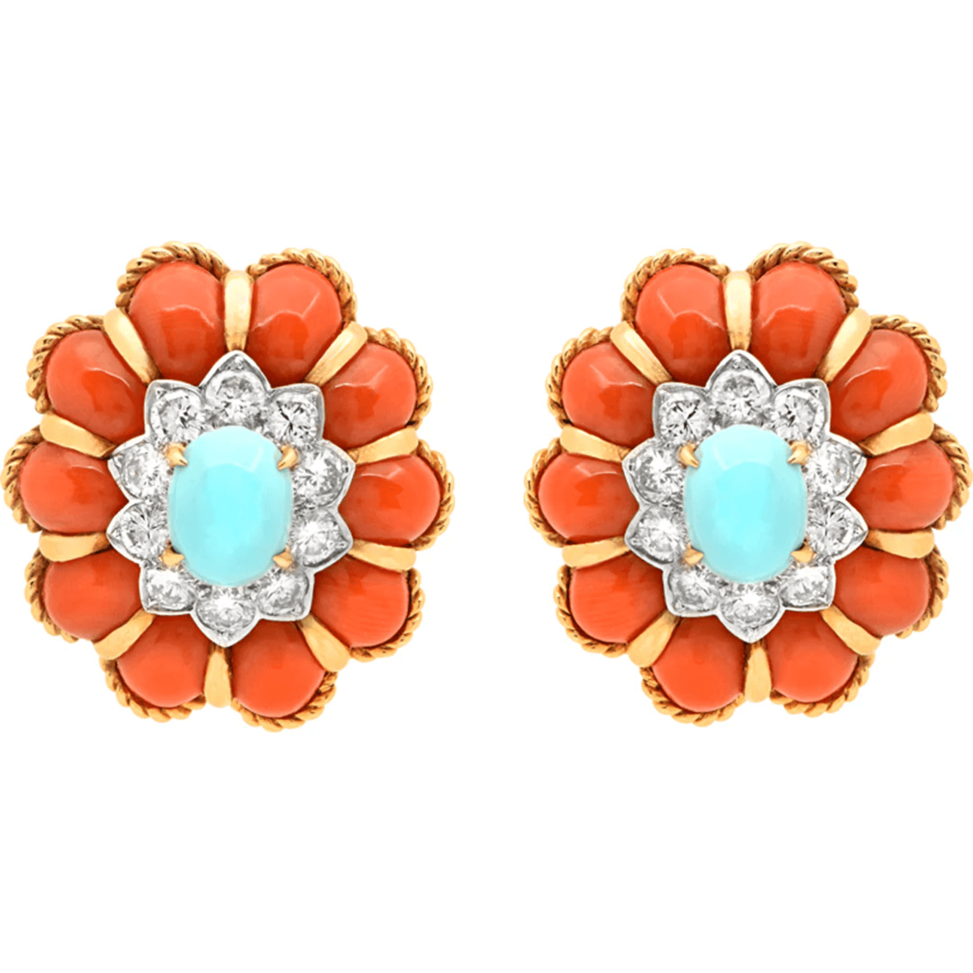 1980s 18KT White & Yellow Gold Coral, Diamond & Turquoise Earrings front