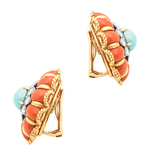1980s 18KT White & Yellow Gold Coral, Diamond & Turquoise Earrings side