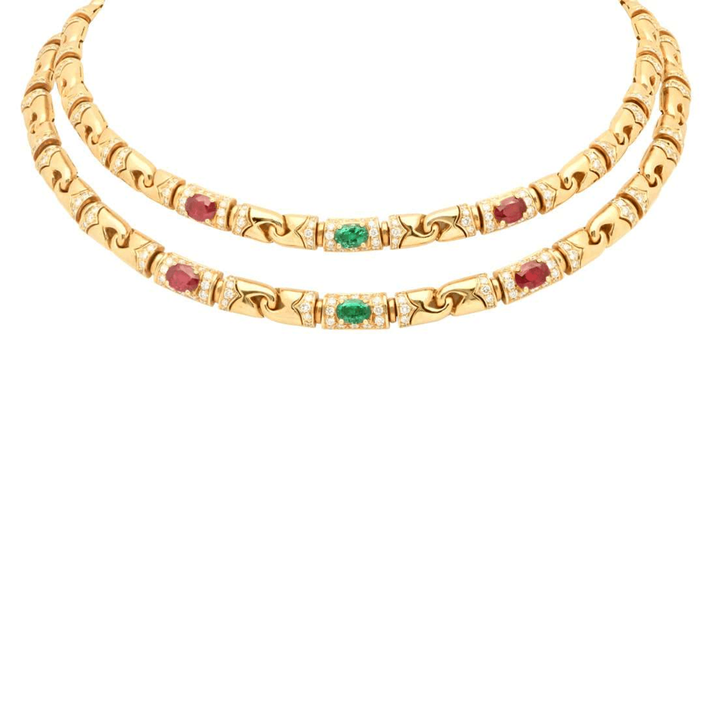 Bulgari 1980s 18KT Yellow Gold Ruby, Diamond & Emerald Necklace front