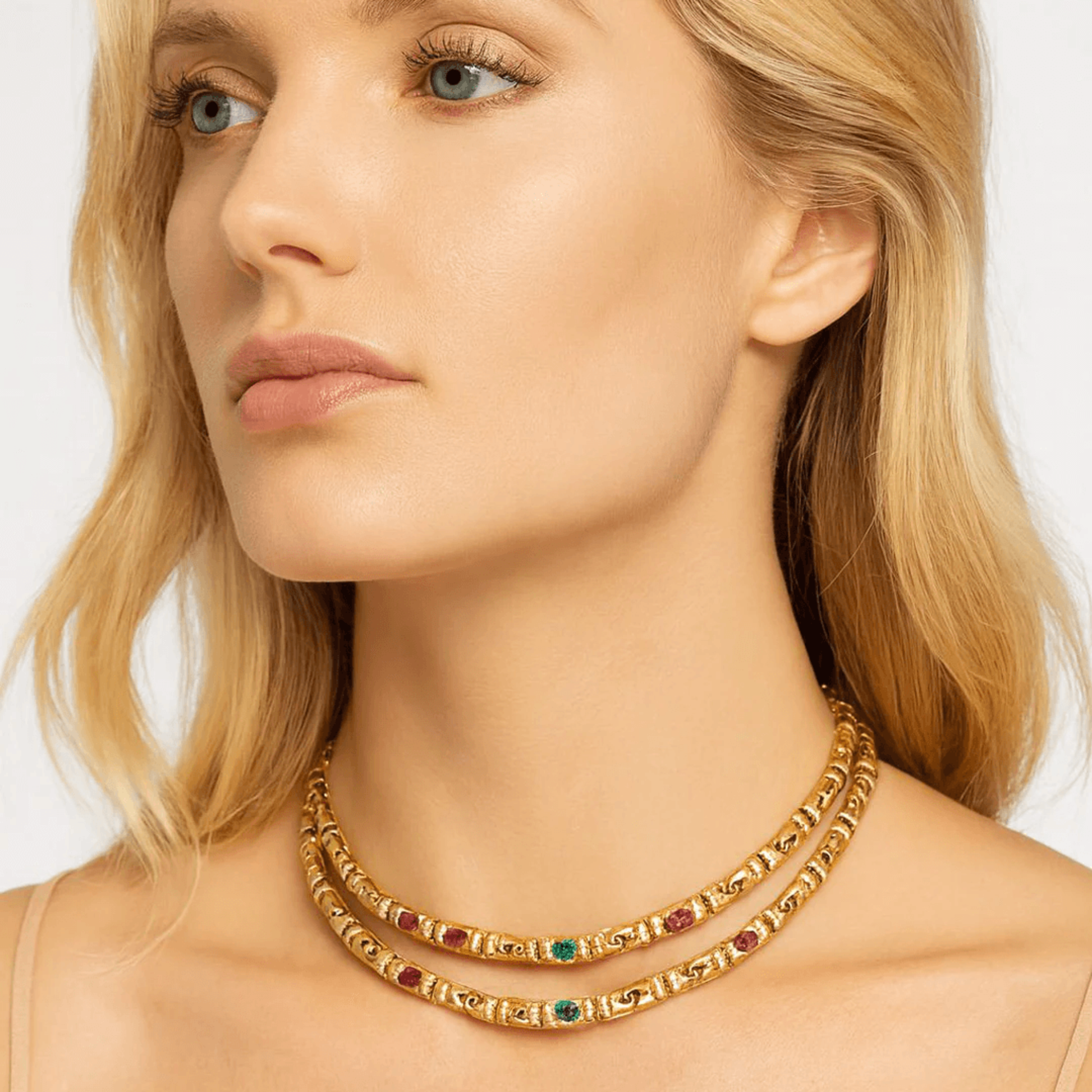 Bulgari 1980s 18KT Yellow Gold Ruby, Diamond & Emerald Necklace on neck