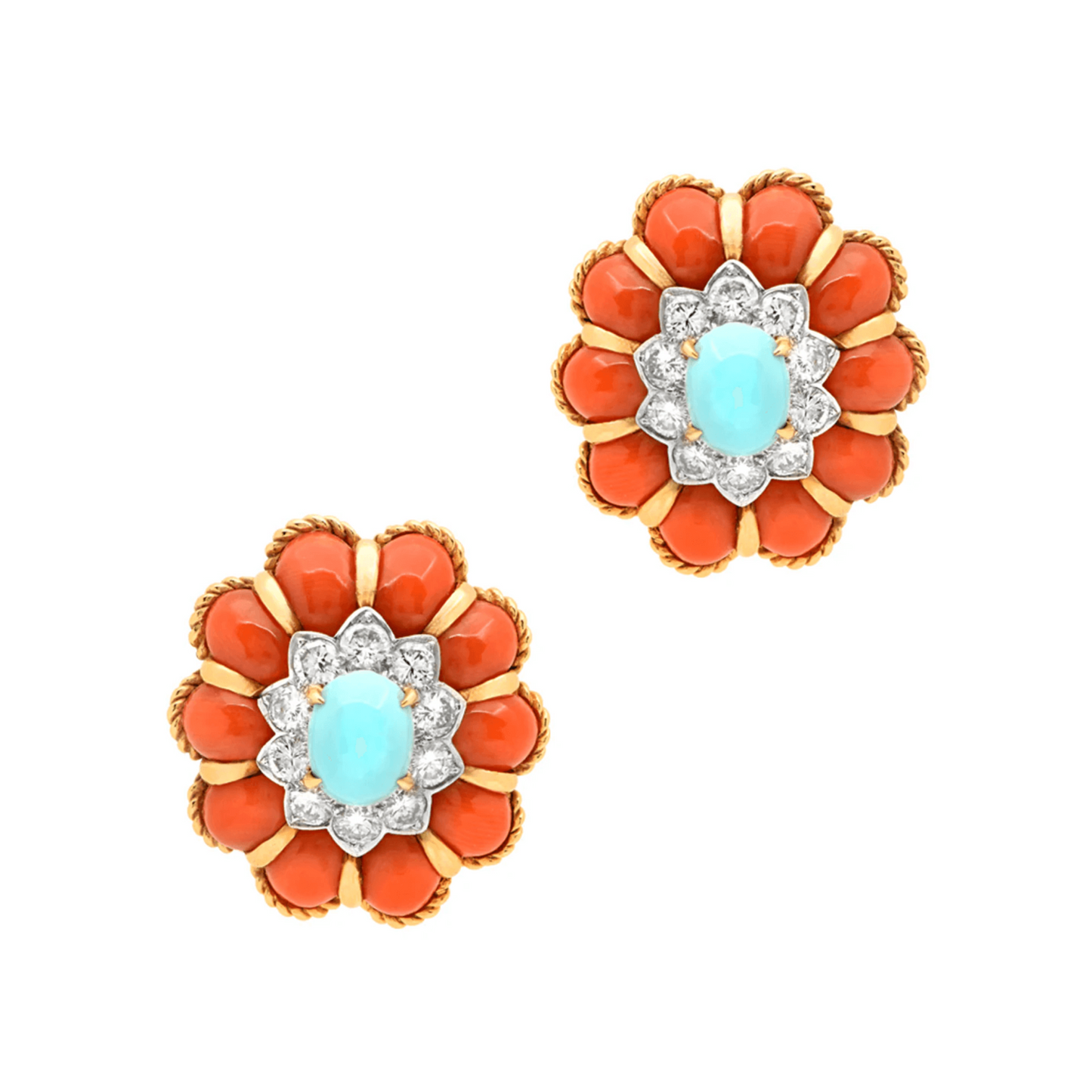 1980s 18KT White & Yellow Gold Coral, Diamond & Turquoise Earrings front