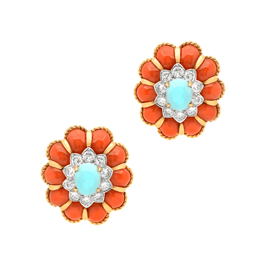 1980s 18KT White & Yellow Gold Coral, Diamond & Turquoise Earrings front