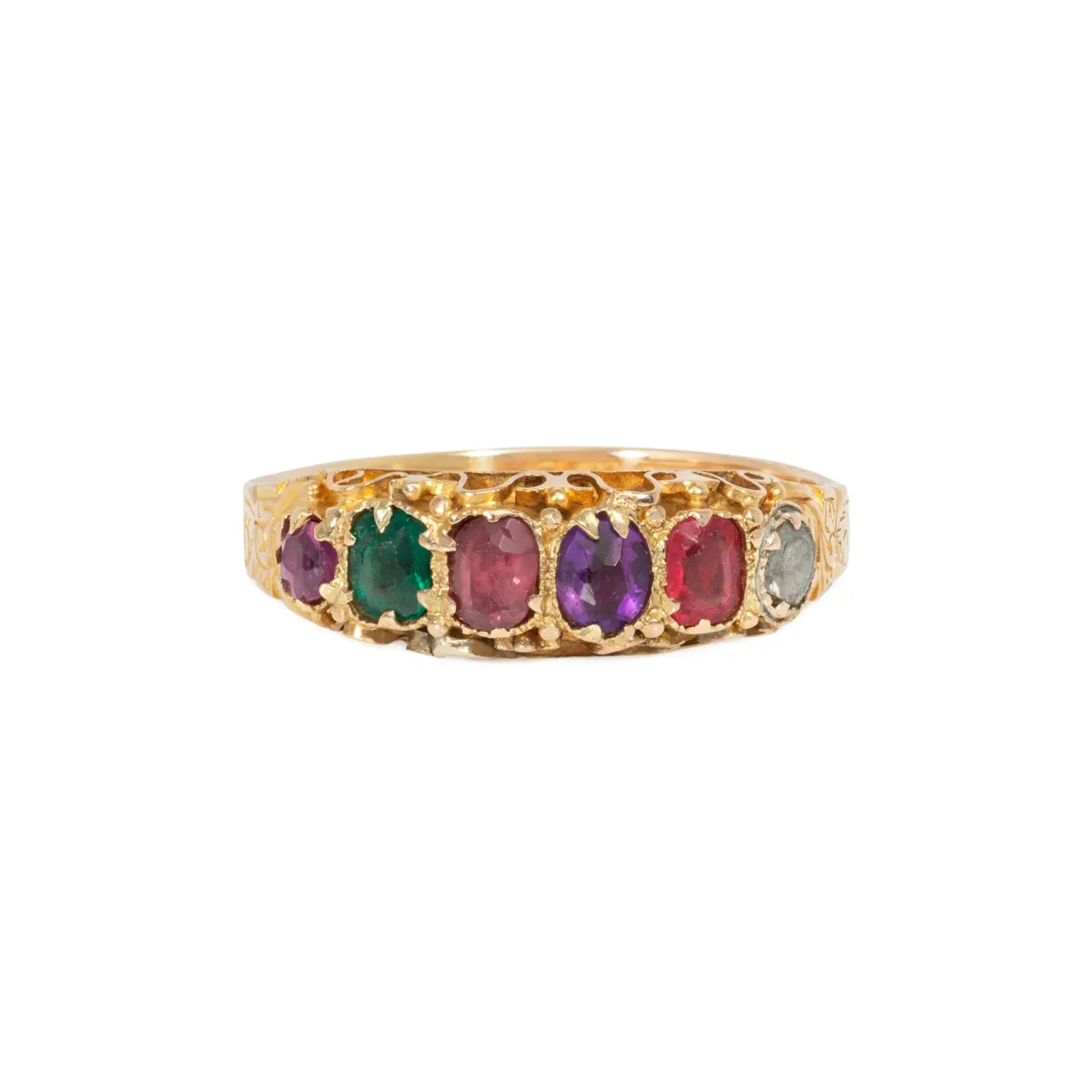 Victorian English 15KT Yellow Gold Amethyst, Diamond, Emerald, Garnet & Ruby Ring front