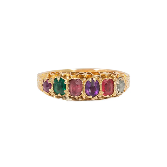 Victorian English 15KT Yellow Gold Amethyst, Diamond, Emerald, Garnet & Ruby Ring front