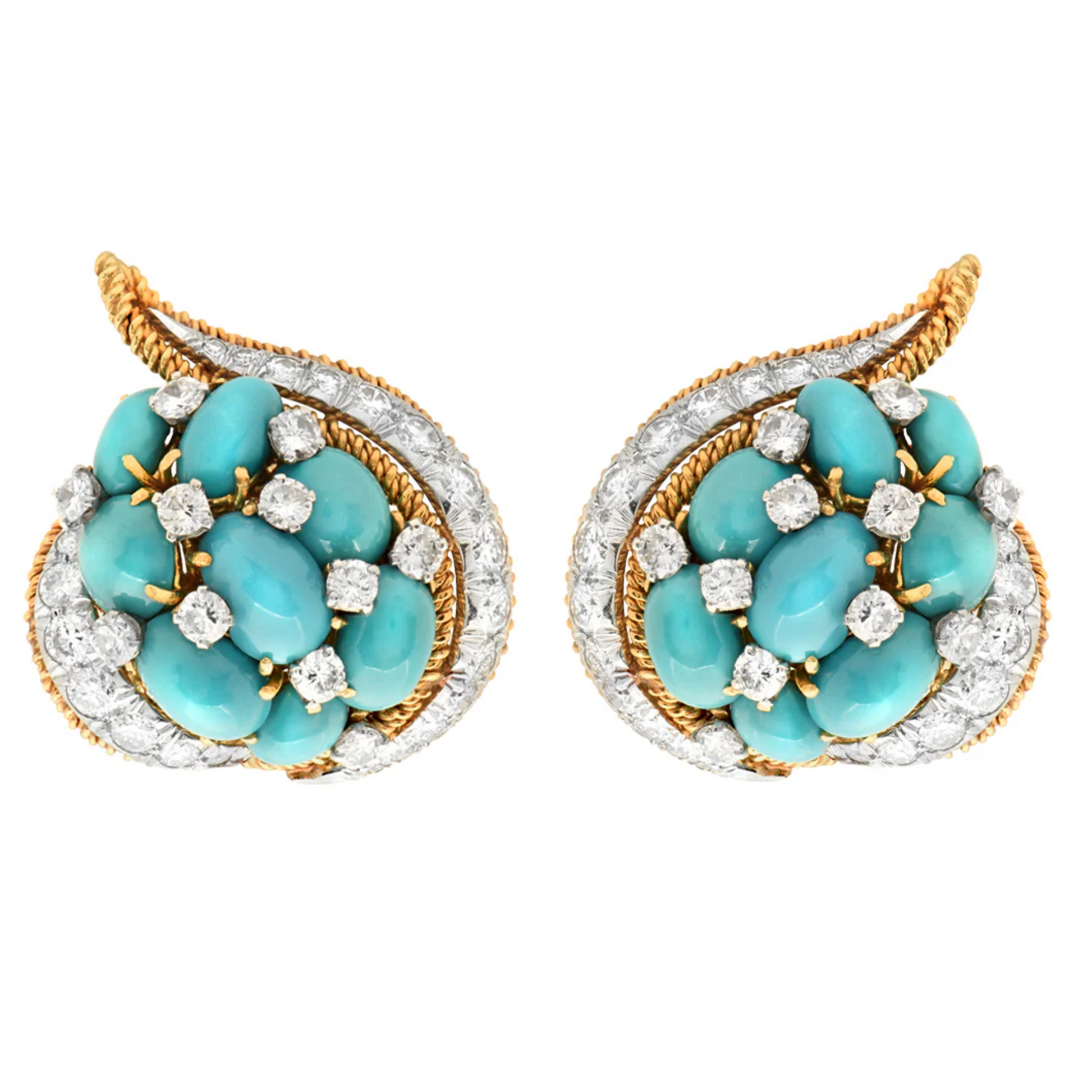 David Webb 1980s 18KT White & Yellow Gold Turquoise & Diamond Earrings front