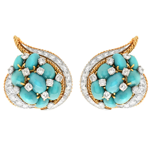 David Webb 1980s 18KT White & Yellow Gold Turquoise & Diamond Earrings front