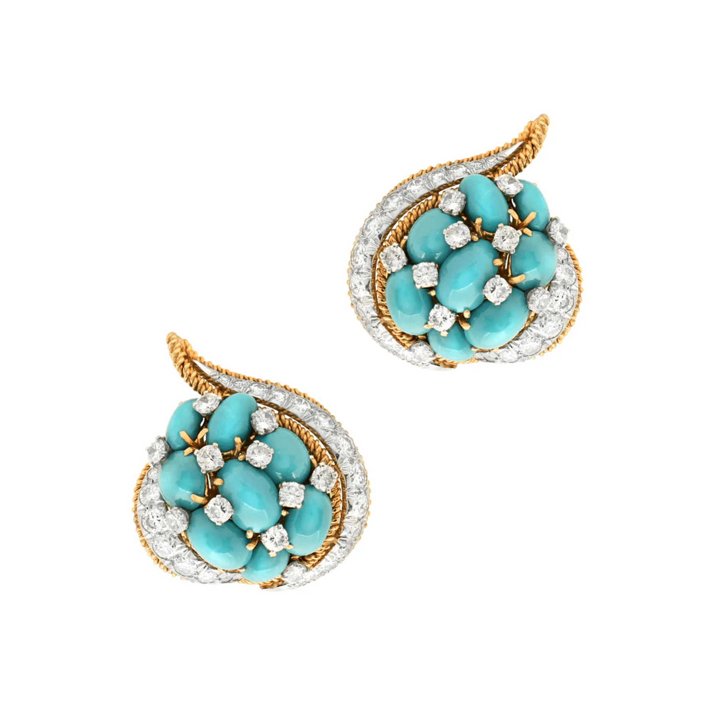 David Webb 1980s 18KT White & Yellow Gold Turquoise & Diamond Earrings front