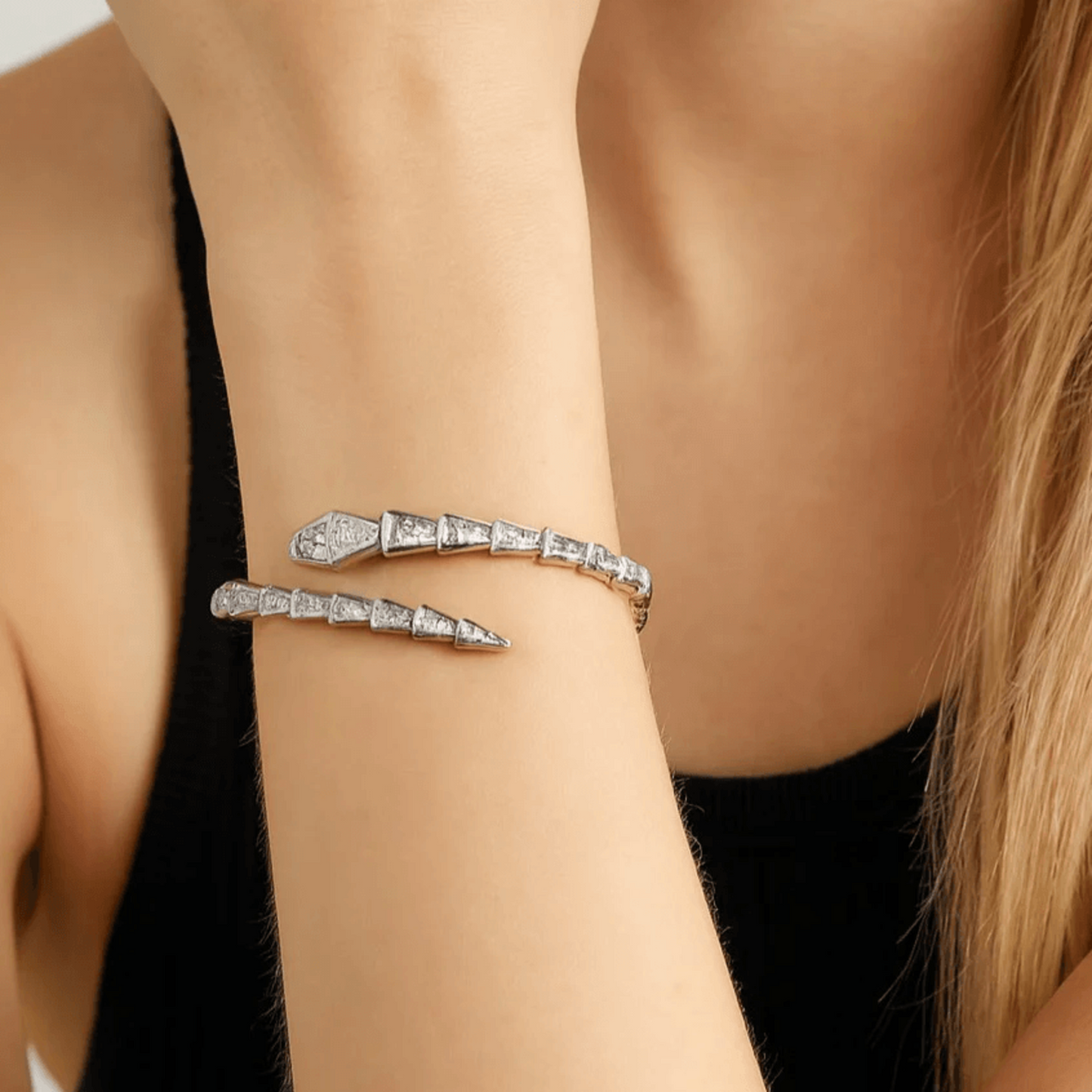 Bulgari Post-1980s 18KT White Gold Diamond Serpenti Viper Bracelet on wrist