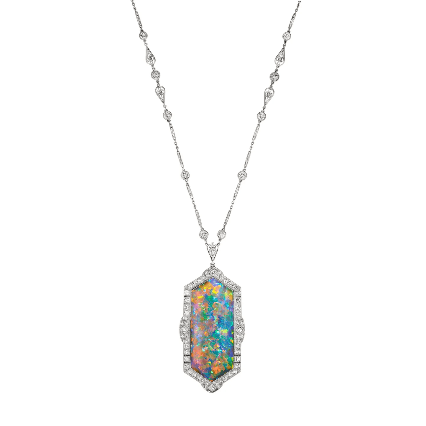 J.E. Caldwell Art Deco Platinum Opal & Diamond Necklace front