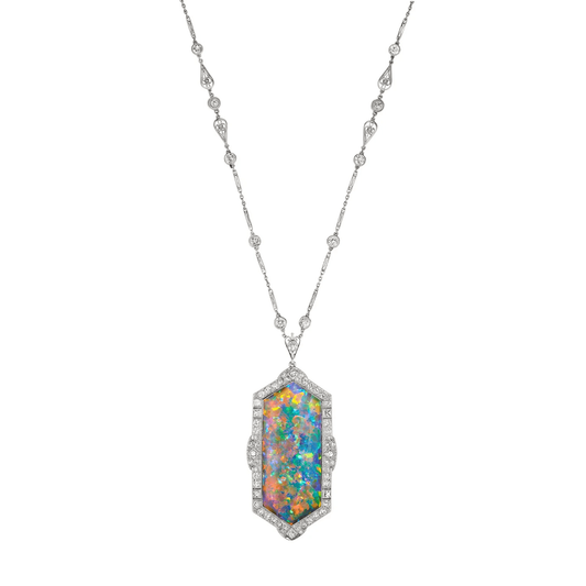 J.E. Caldwell Art Deco Platinum Opal & Diamond Necklace front
