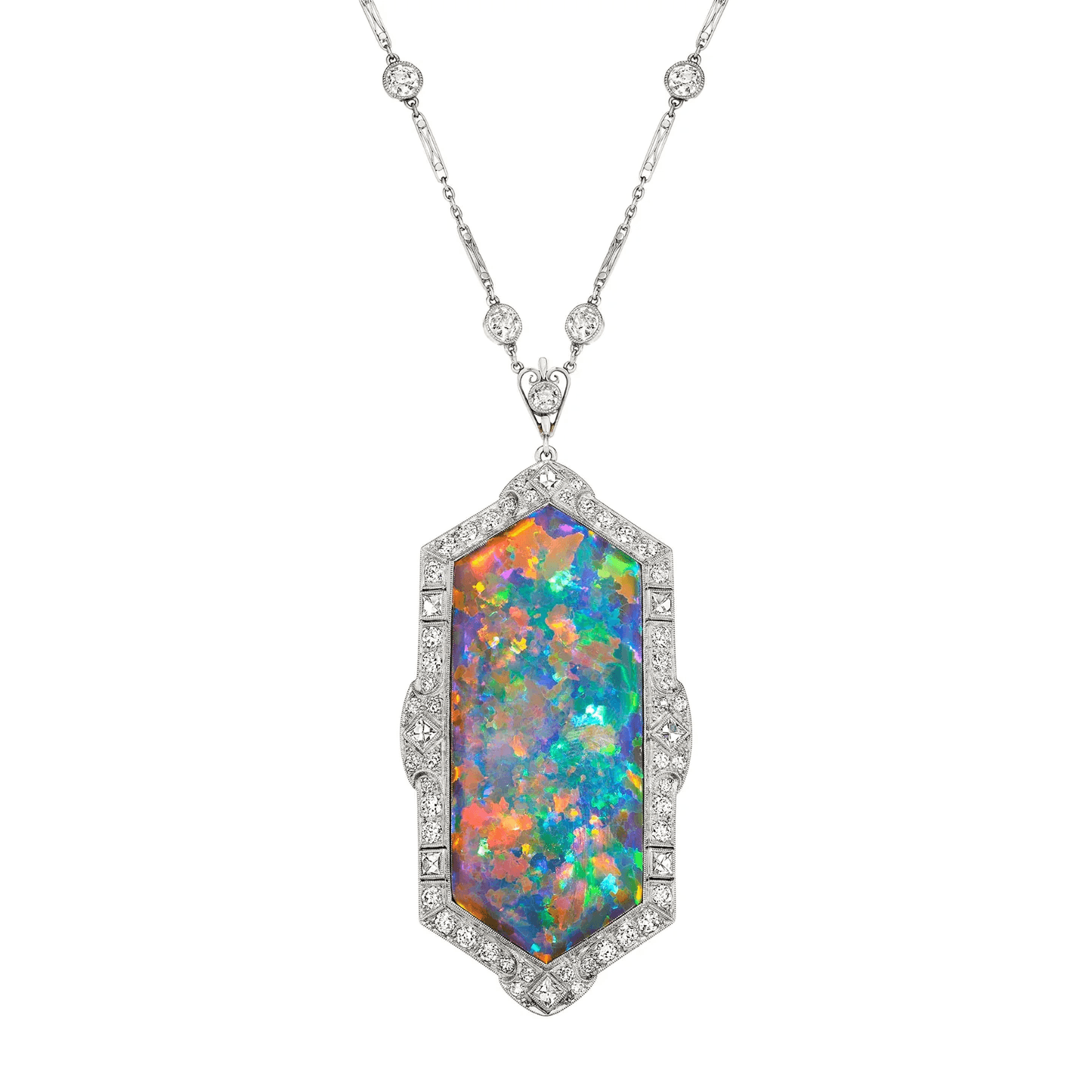 J.E. Caldwell Art Deco Platinum Opal & Diamond Necklace front