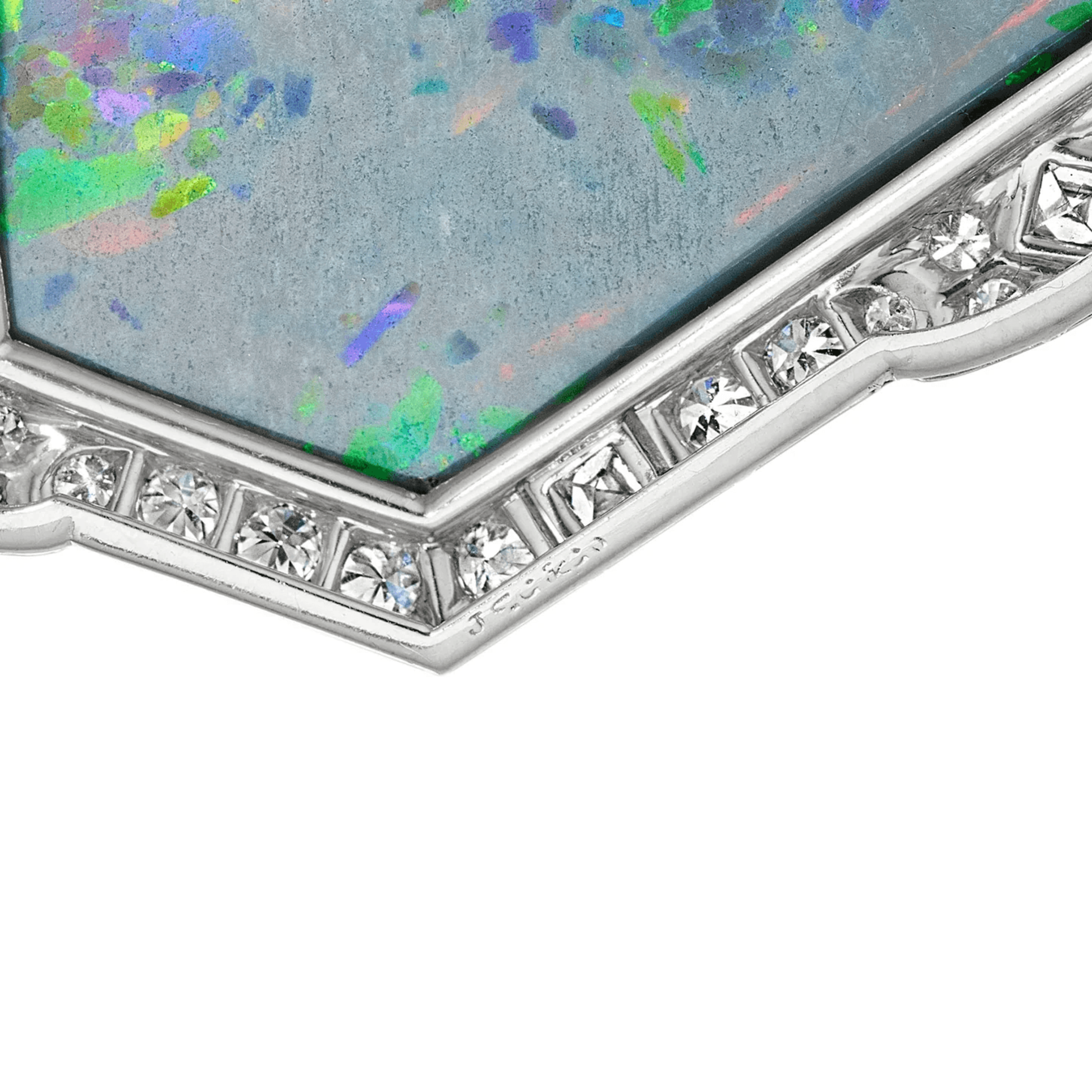 J.E. Caldwell Art Deco Platinum Opal & Diamond Necklace close-up details