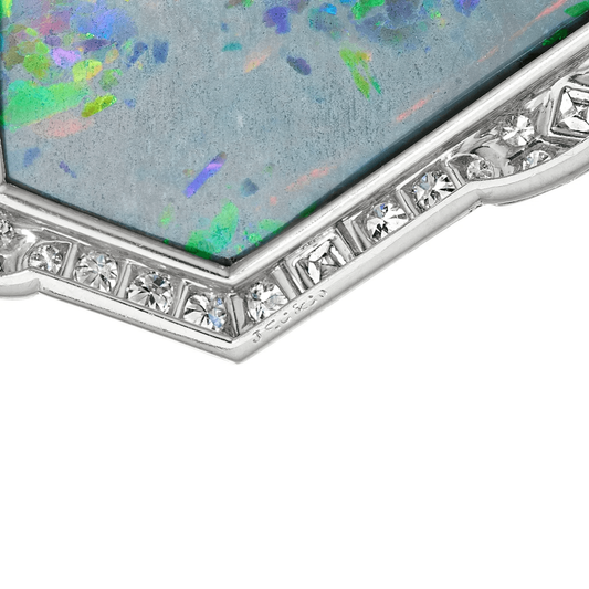 J.E. Caldwell Art Deco Platinum Opal & Diamond Necklace close-up details