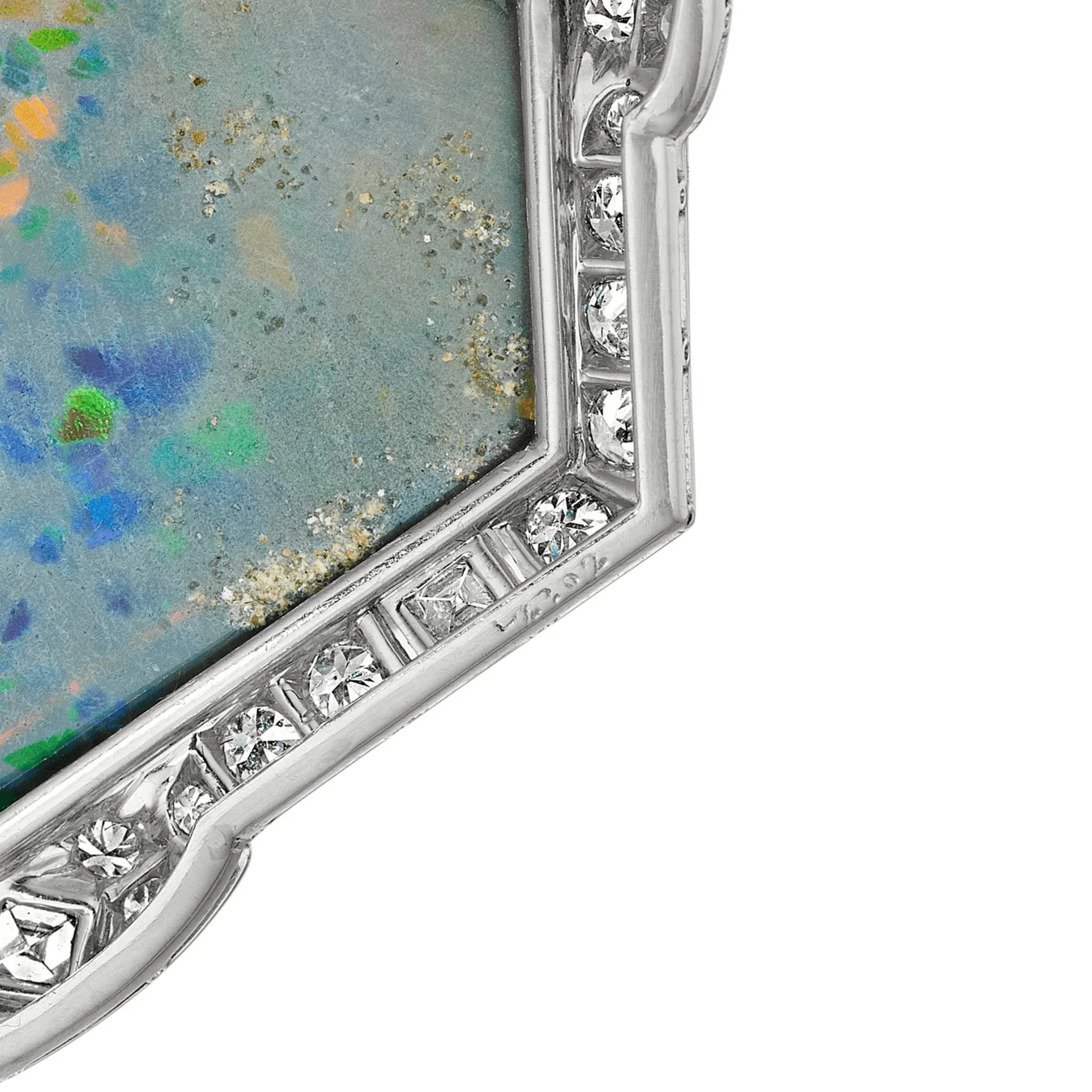 J.E. Caldwell Art Deco Platinum Opal & Diamond Necklace close-up details