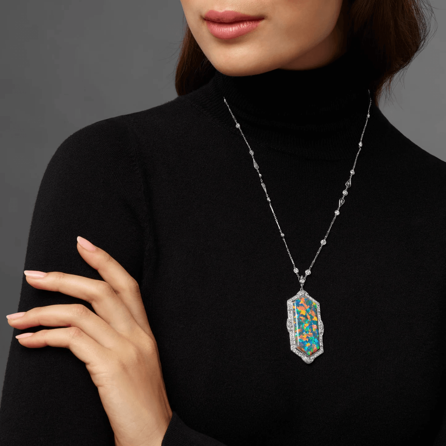 J.E. Caldwell Art Deco Platinum Opal & Diamond Necklace on neck
