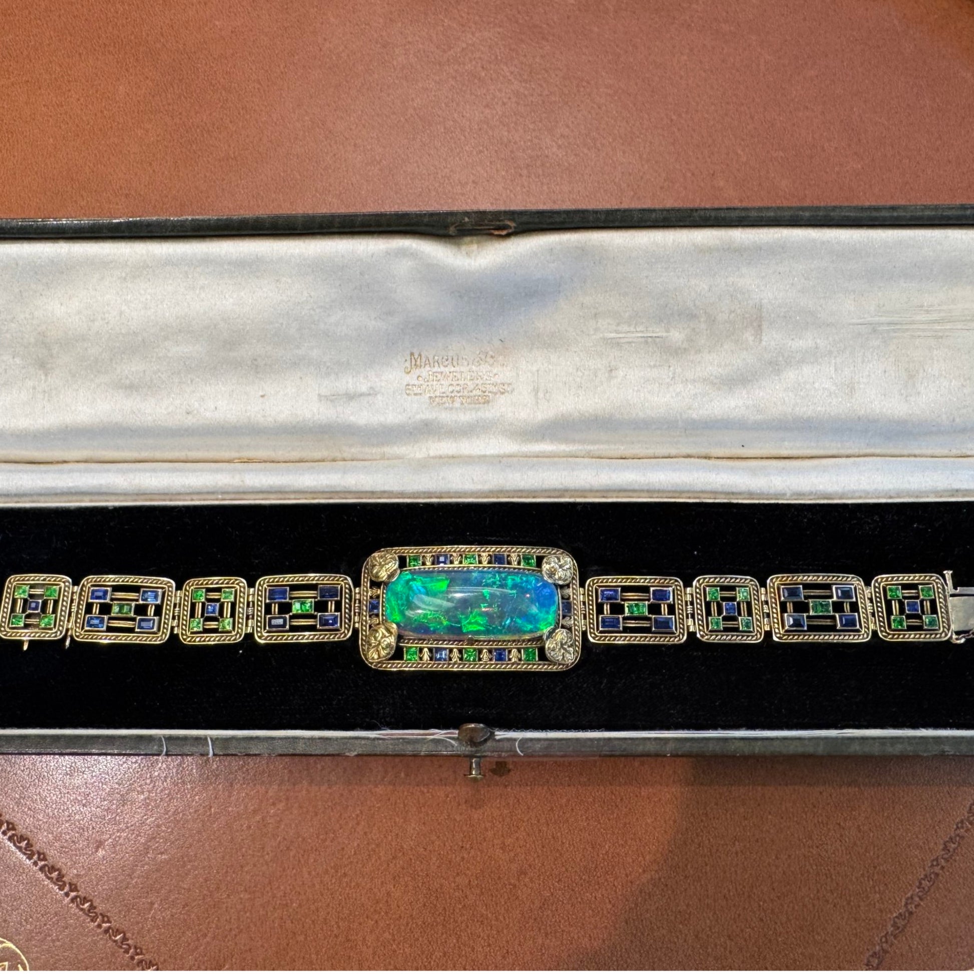 Marcus & Co. Art Nouveau 18KT White Gold Opal & Sapphire Bracelet in box