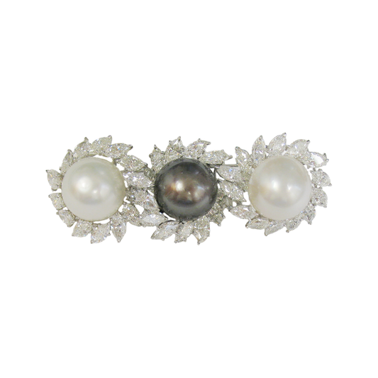 Bulgari Art Deco Platinum Cultured Pearl & Diamond Brooch front