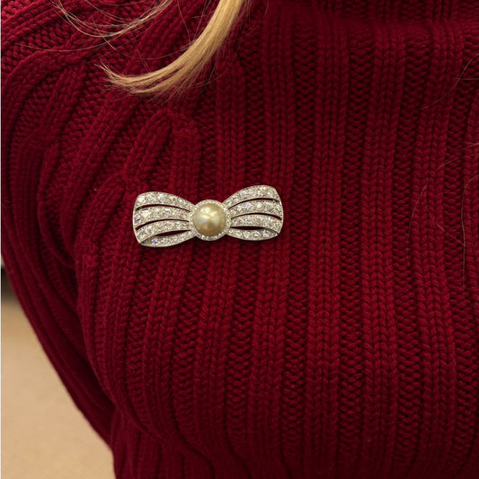 Cartier Art Deco Platinum Cultured Pearl & Diamond Bow Brooch on blouse