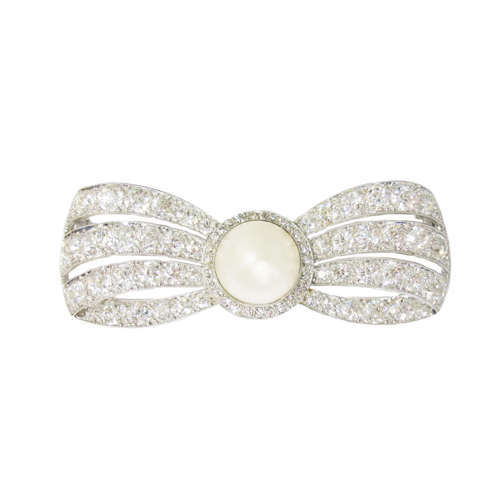 Cartier Art Deco Platinum Cultured Pearl & Diamond Bow Brooch front
