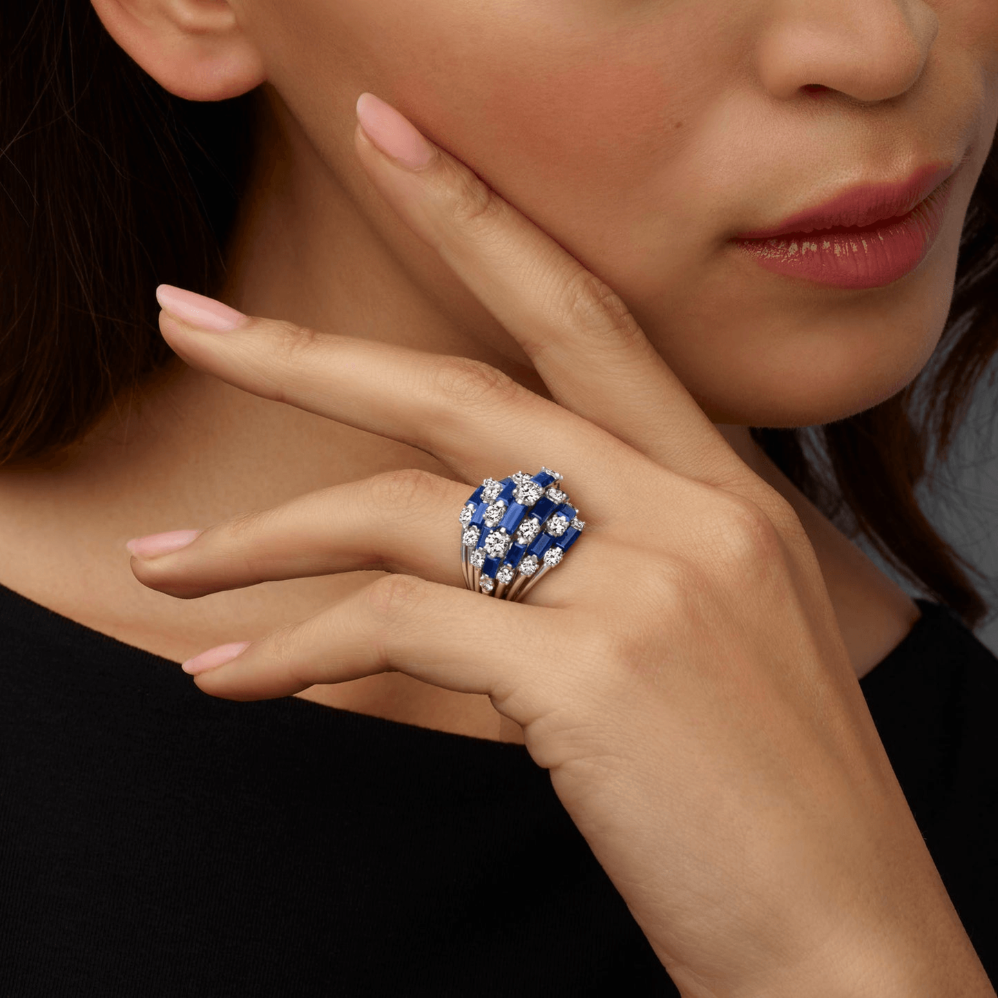 Oscar Heyman Bros. 1950s Platinum Sapphire & Diamond Ring on finger