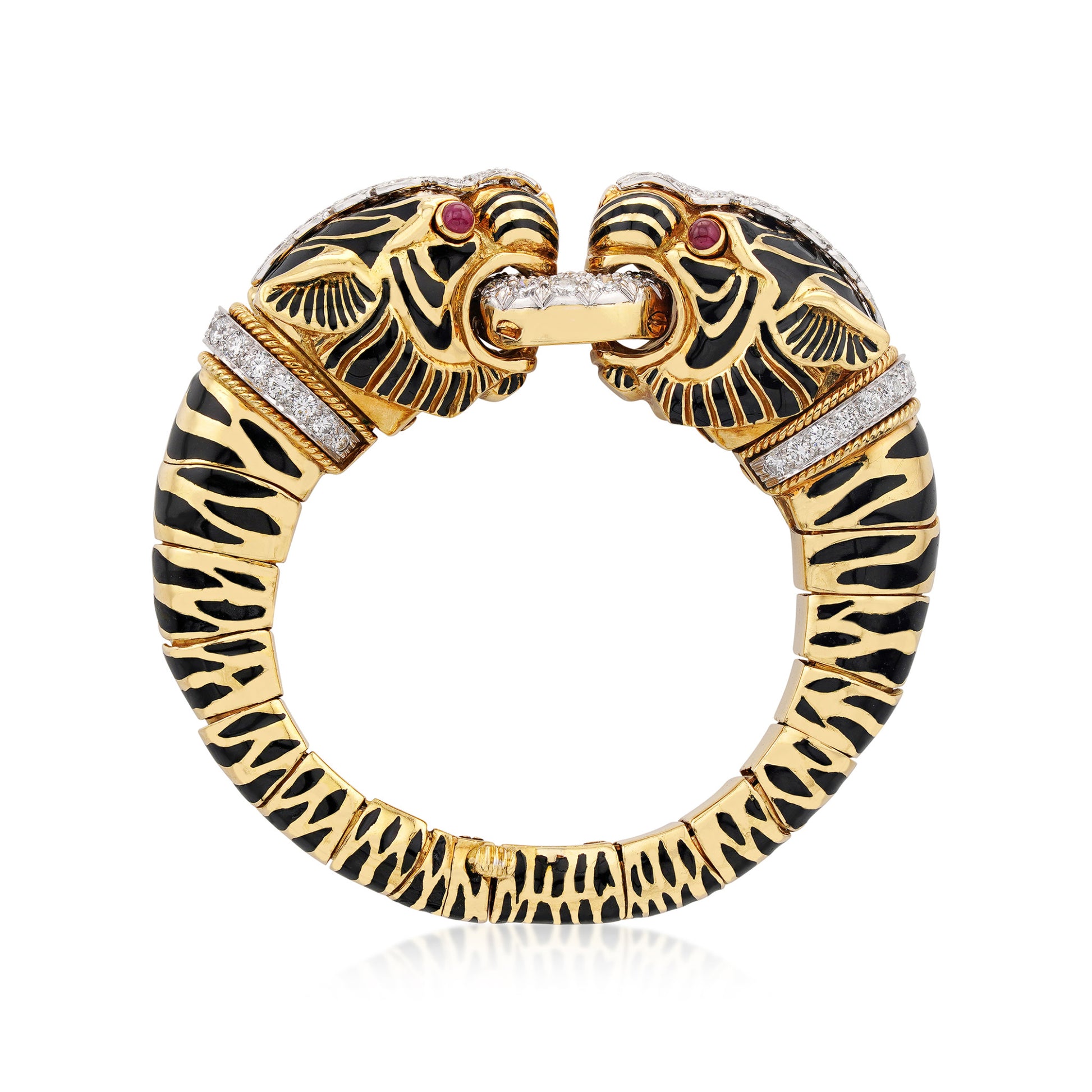 David Webb Post-1980s Platinum & 18KT Yellow Gold Diamond & Enamel Tiger Bracelet front