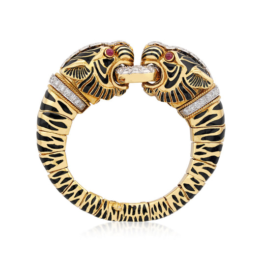 David Webb Post-1980s Platinum & 18KT Yellow Gold Diamond & Enamel Tiger Bracelet front