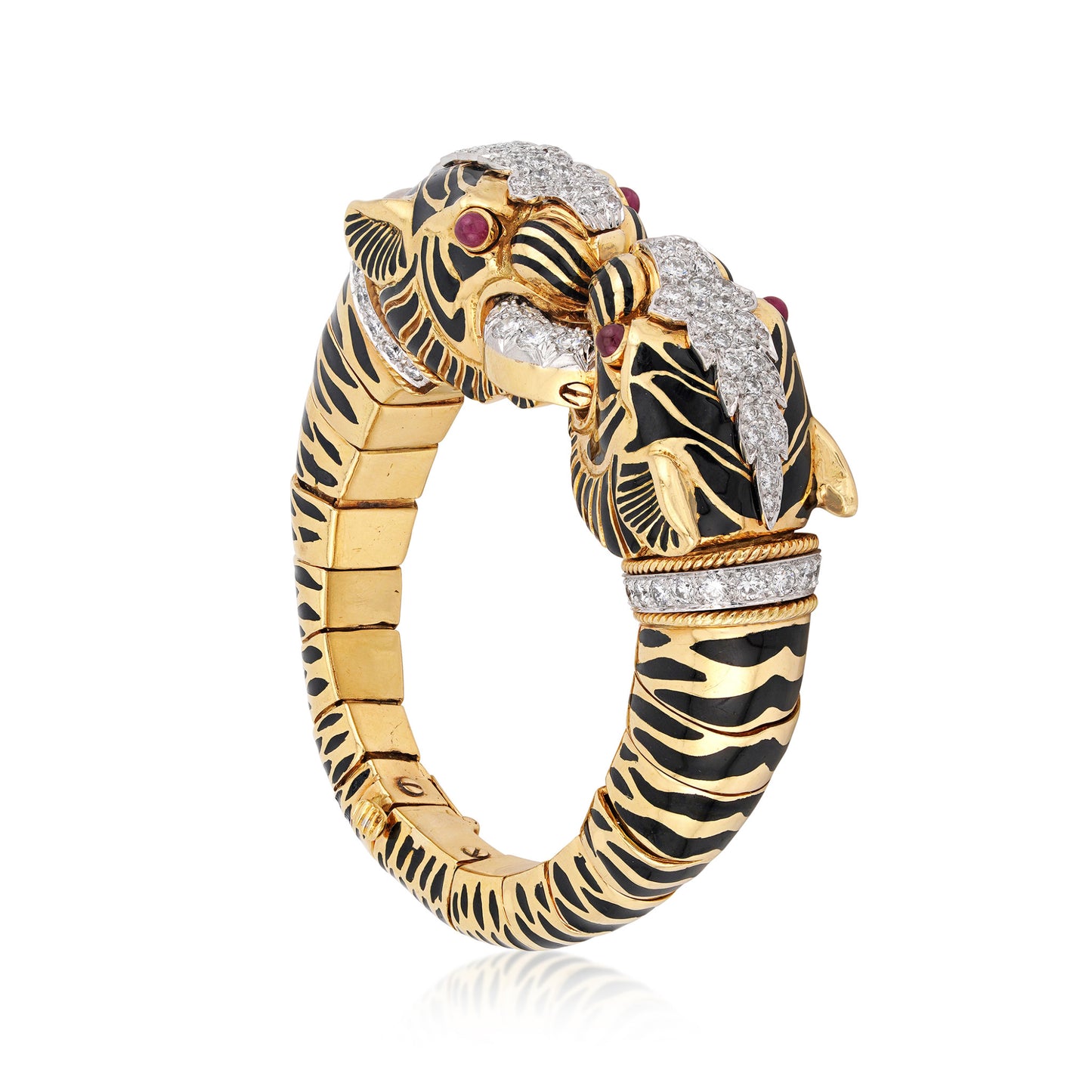 David Webb Post-1980s Platinum & 18KT Yellow Gold Diamond & Enamel Tiger Bracelet side