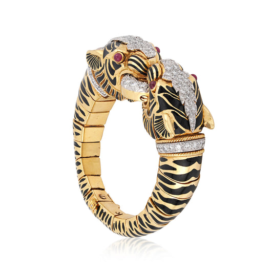 David Webb Post-1980s Platinum & 18KT Yellow Gold Diamond & Enamel Tiger Bracelet side