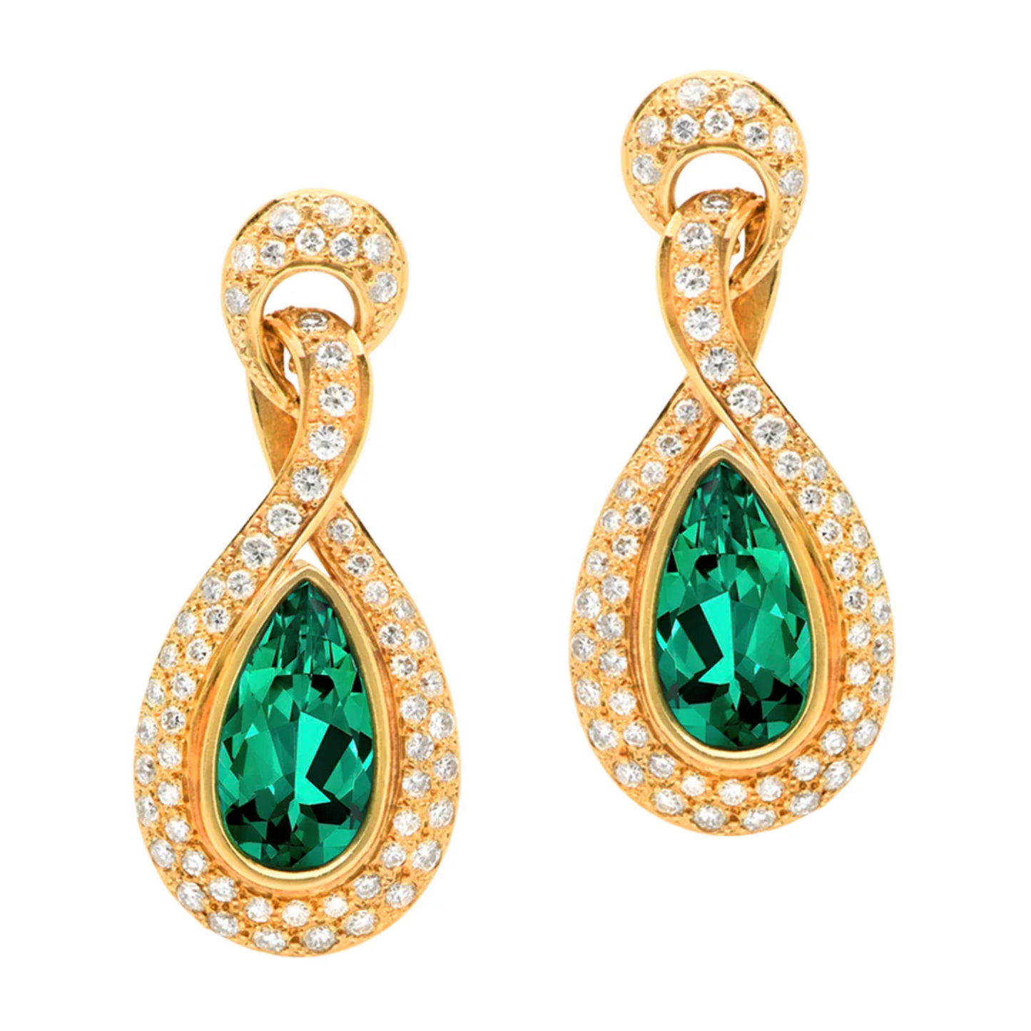 Contemporary 18KT Yellow Gold Emerald & Diamond Earrings front