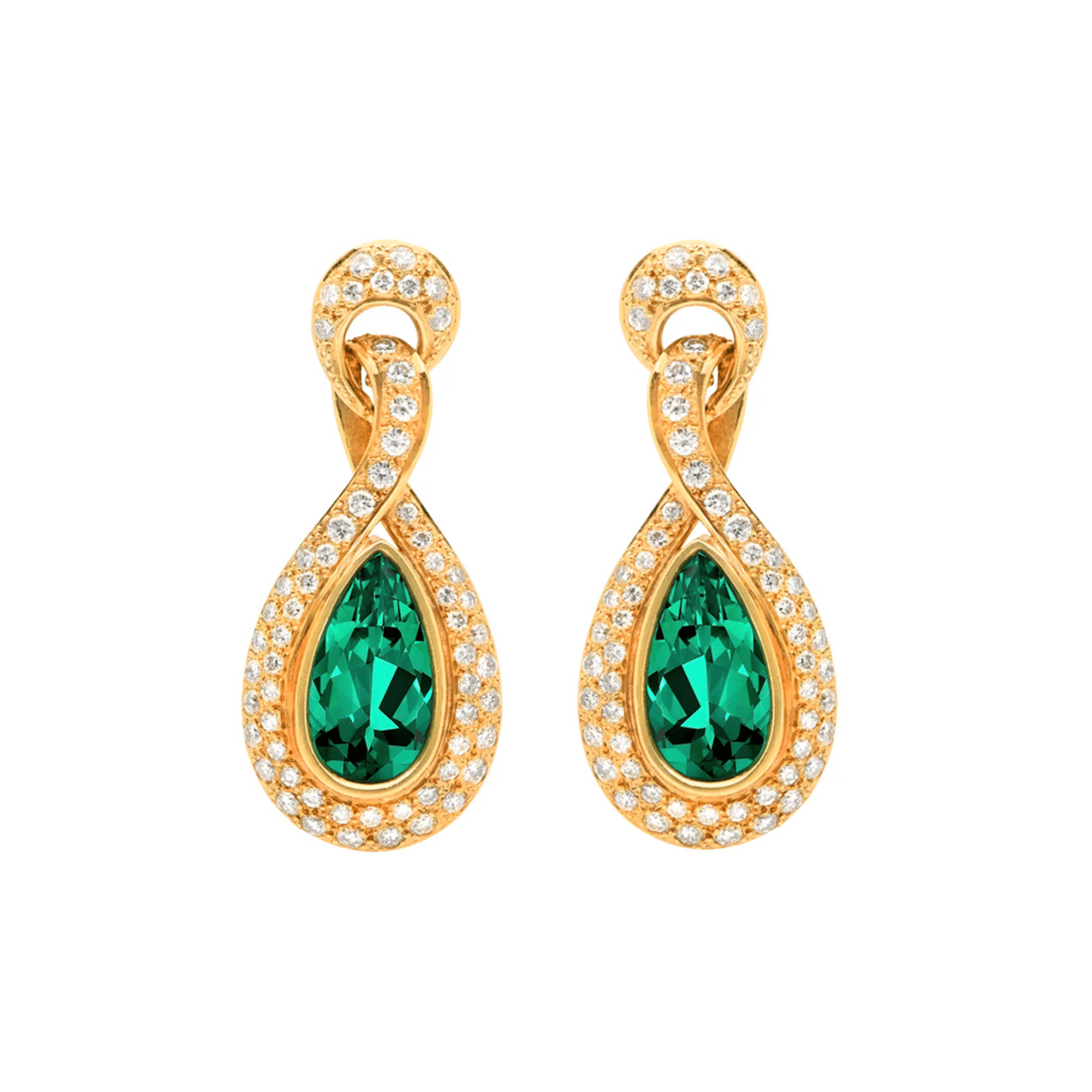 Contemporary 18KT Yellow Gold Emerald & Diamond Earrings front