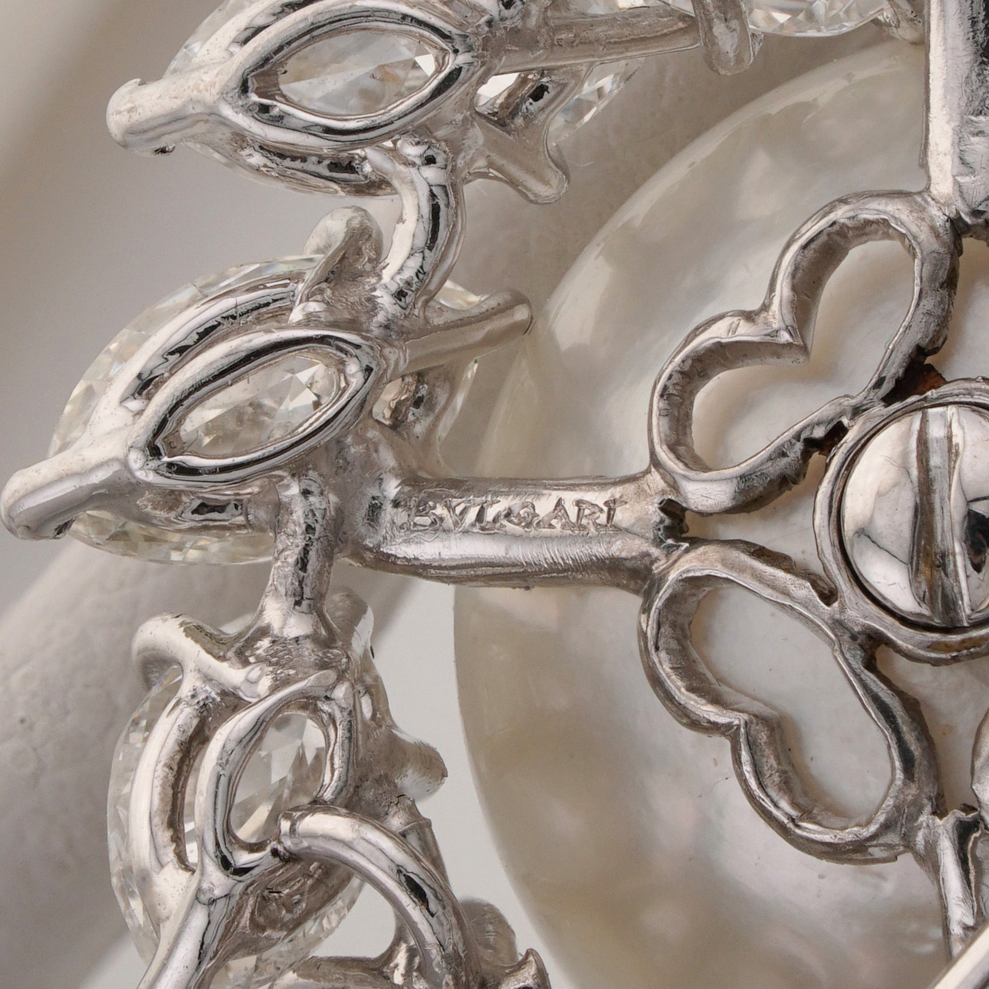 Bulgari Art Deco Platinum Cultured Pearl & Diamond Brooch signature