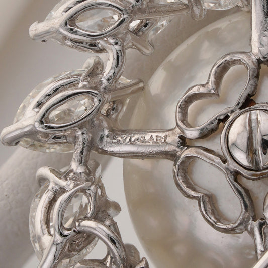 Bulgari Art Deco Platinum Cultured Pearl & Diamond Brooch signature