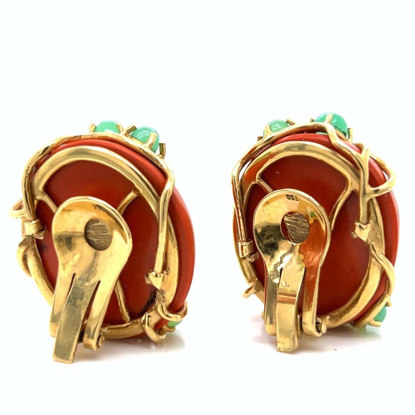 1960s 18KT Yellow Gold Coral & Chrysoprase Earrings back