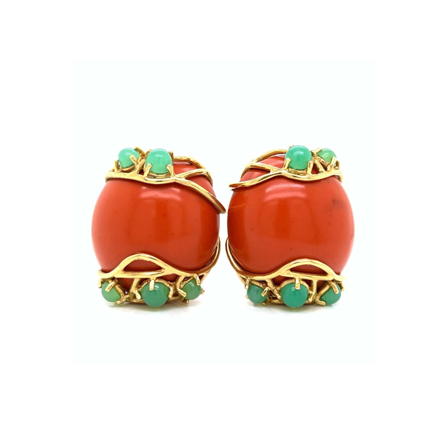 1960s 18KT Yellow Gold Coral & Chrysoprase Earrings front