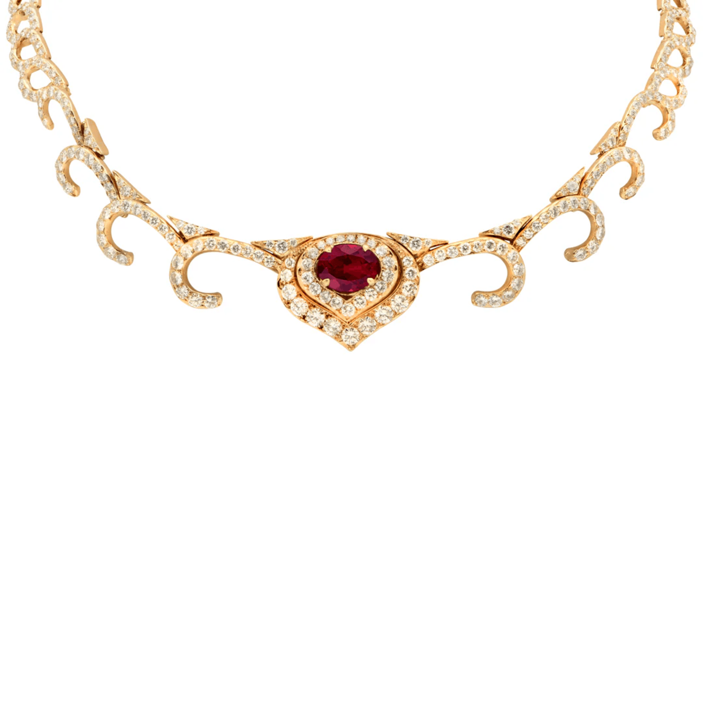 Post-1980s 18KT Yellow Gold Ruby & Diamond Necklace front