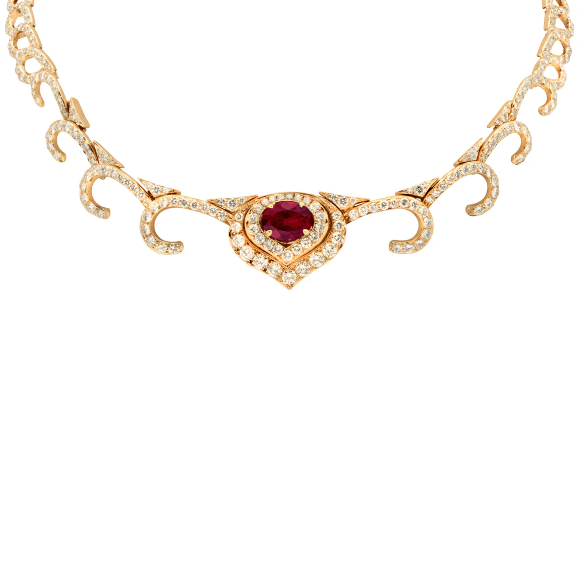 Post-1980s 18KT Yellow Gold Ruby & Diamond Necklace front