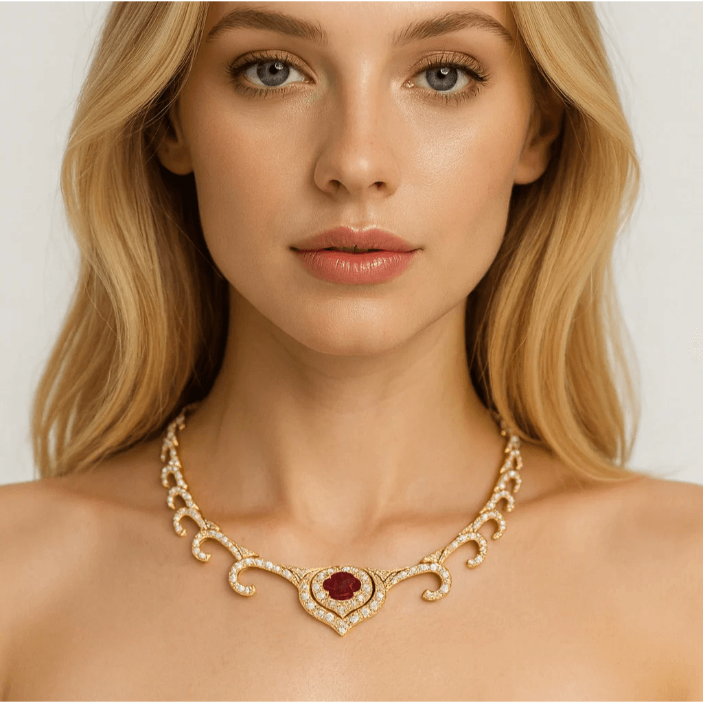 Post-1980s 18KT Yellow Gold Ruby & Diamond Necklace on neck
