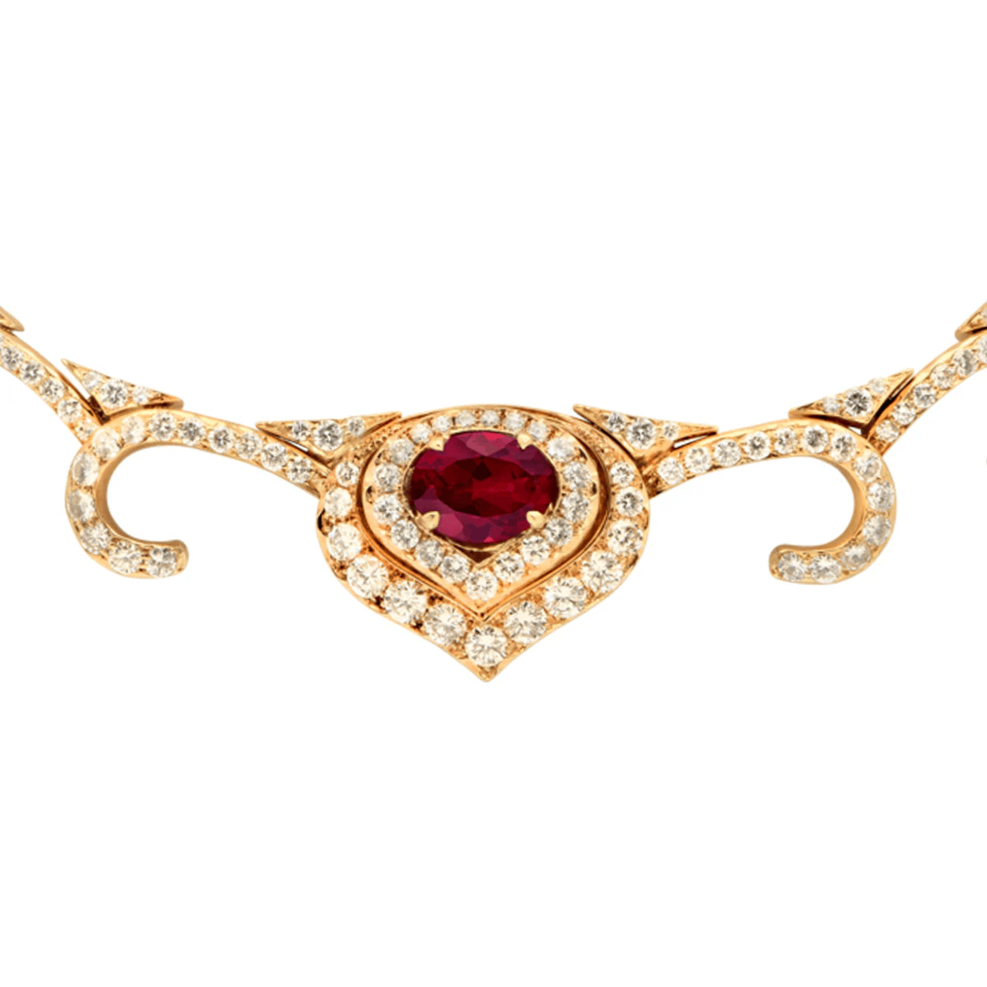 Post-1980s 18KT Yellow Gold Ruby & Diamond Necklace front