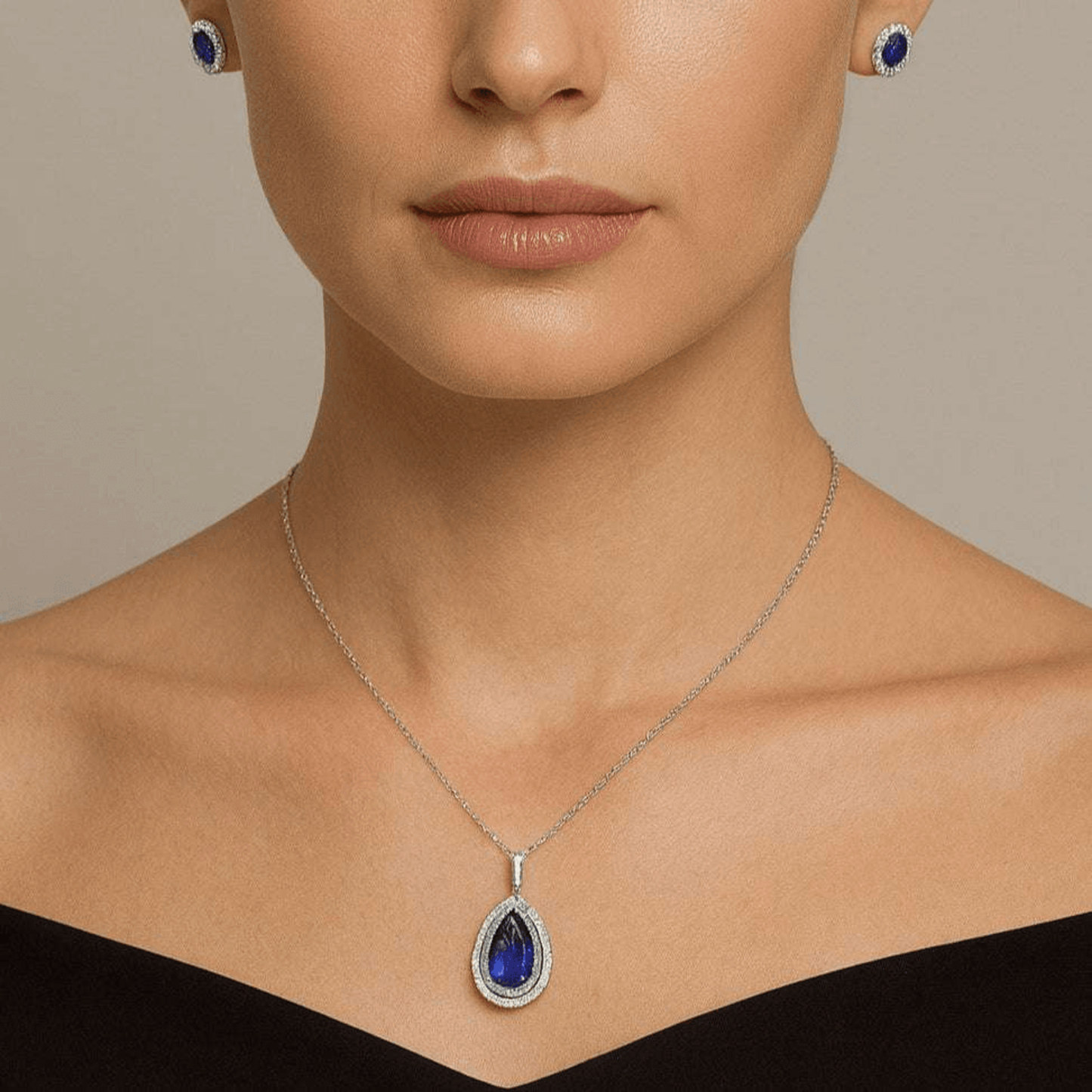 Post-1980s 14KT White Gold Tanzanite & Diamond Necklace on neck