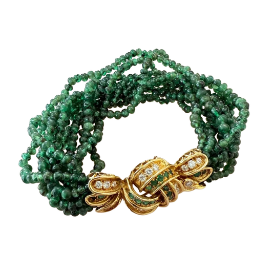 Rene Boivin French 1970s 18KT Yellow Gold Emerald & Diamond Bracelet front
