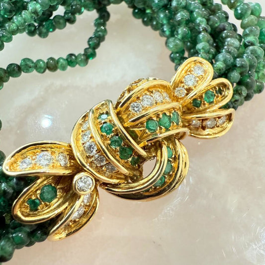 Rene Boivin French 1970s 18KT Yellow Gold Emerald & Diamond Bracelet close-up details