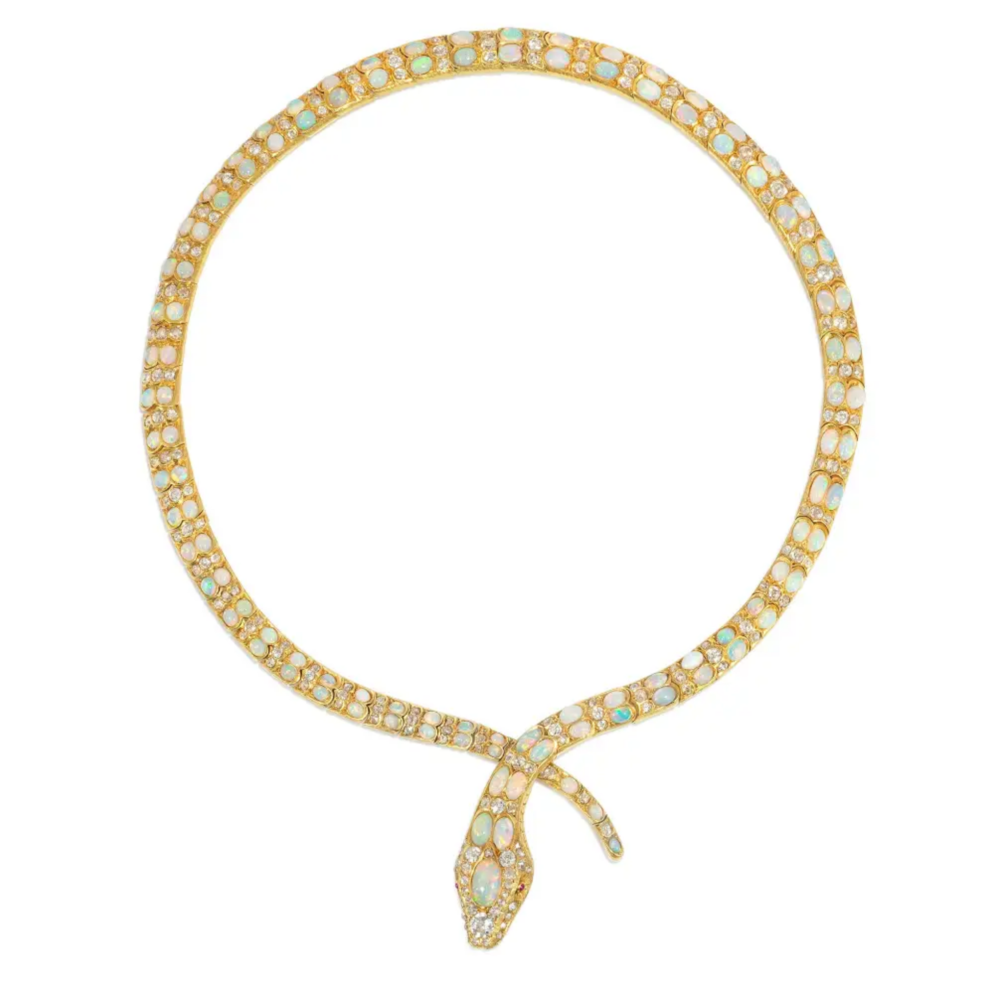 Victorian 18KT Yellow Gold Diamond, Opal & Ruby Snake Necklace front
