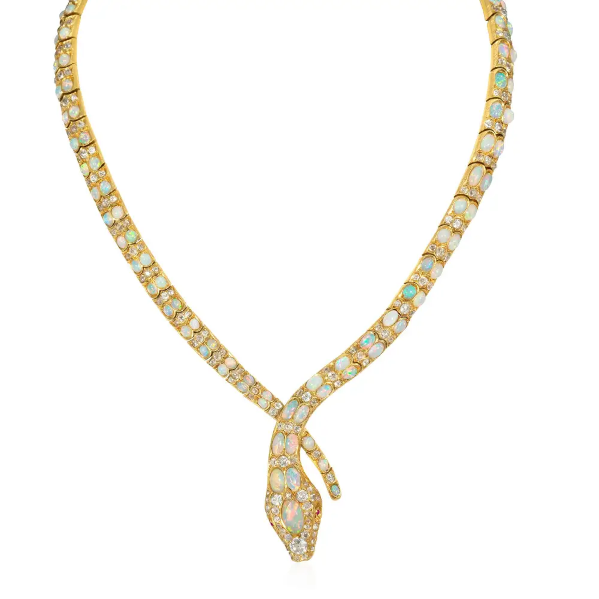 Victorian 18KT Yellow Gold Diamond, Opal & Ruby Snake Necklace front