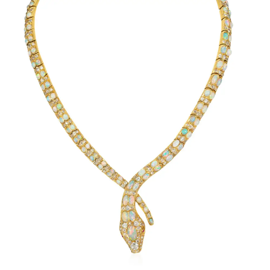 Victorian 18KT Yellow Gold Diamond, Opal & Ruby Snake Necklace front